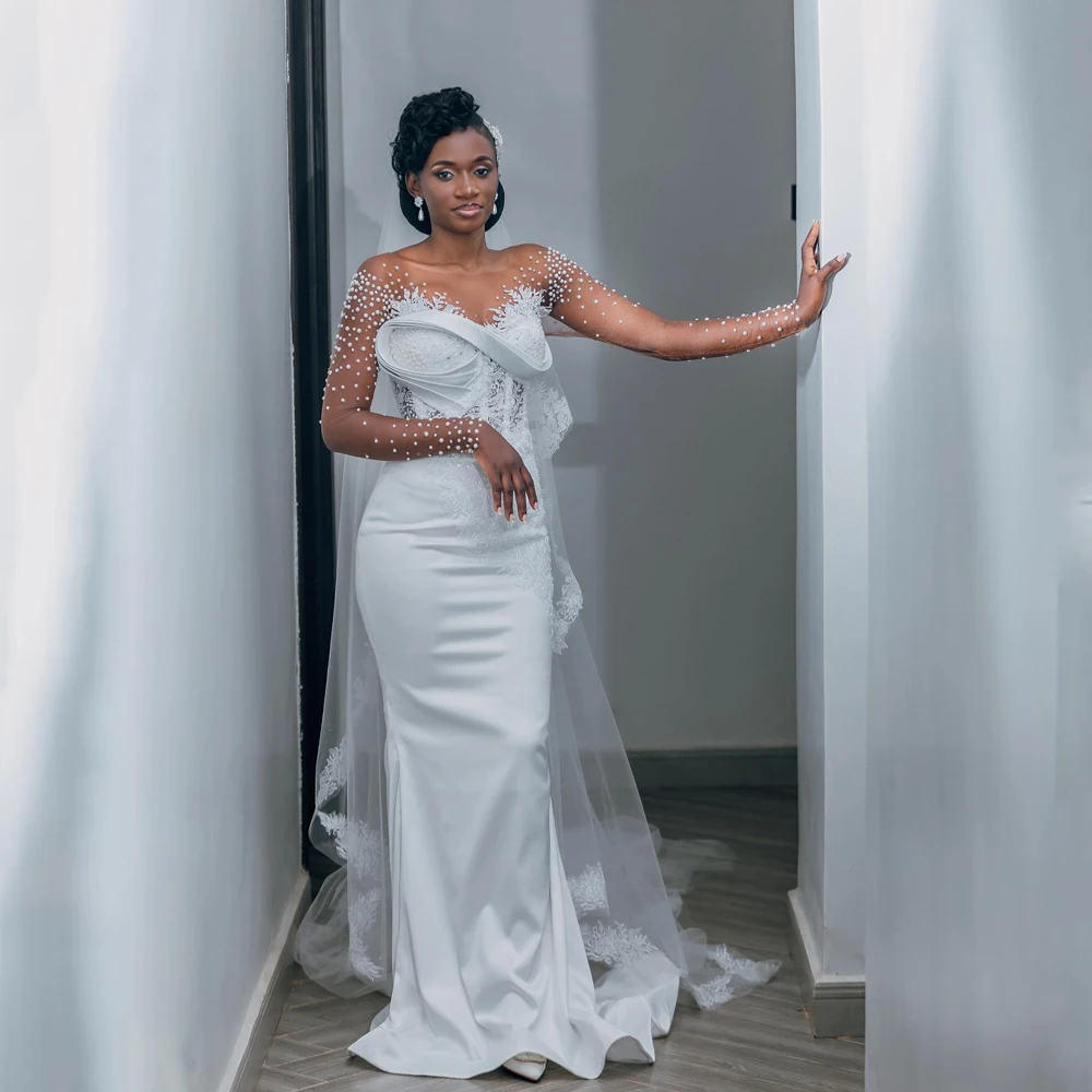 

Applique Beaded Wedding Dresses 2025 Women Full Sleeve Mermaid Satin Vestidos de novia Africa Crystal Wedding Gowns Customized