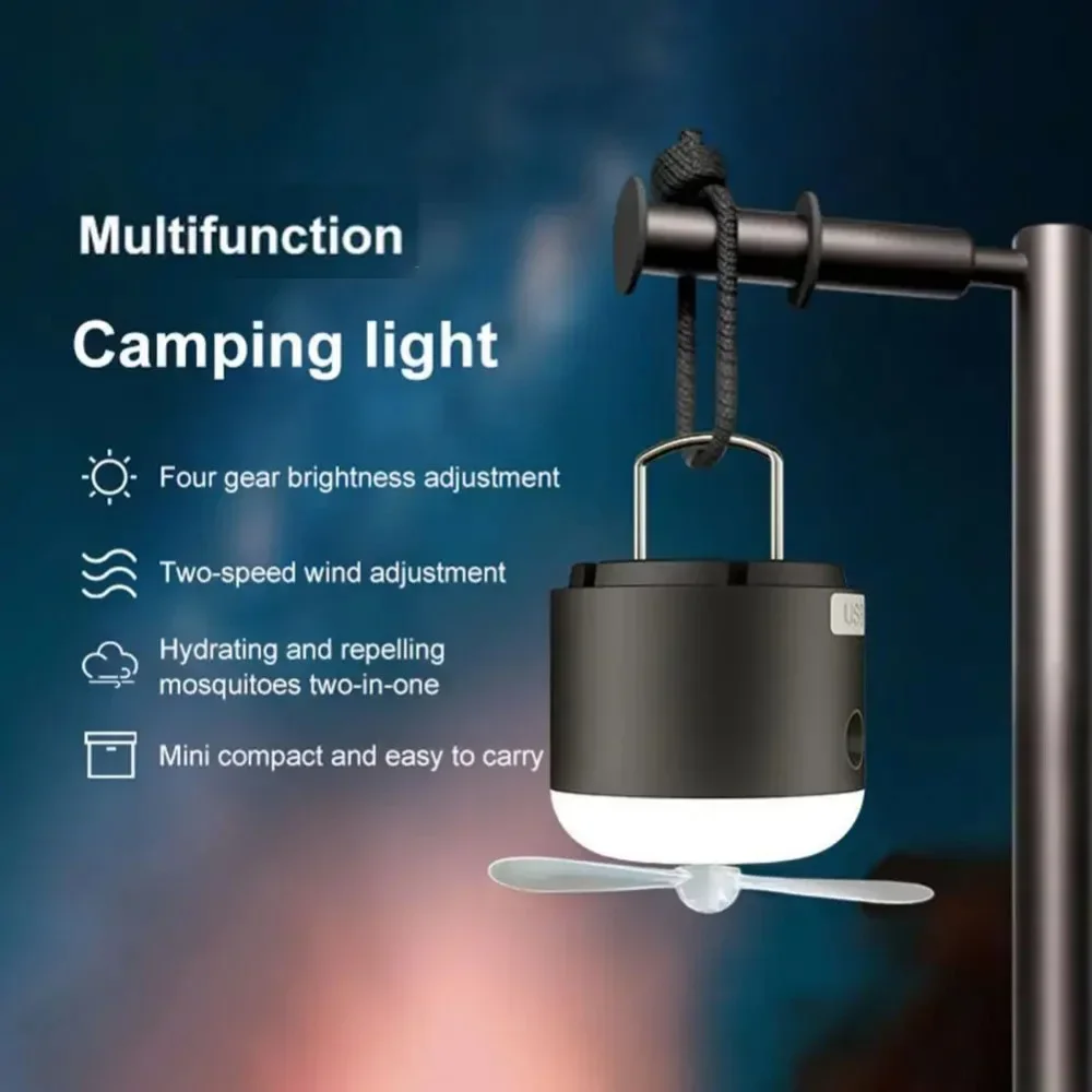 1pc Black Portable Camping Lamp Rechargeable Led Lantern with Fan Ultra-bright Dimmable Light 2 Speeds for Outdoor