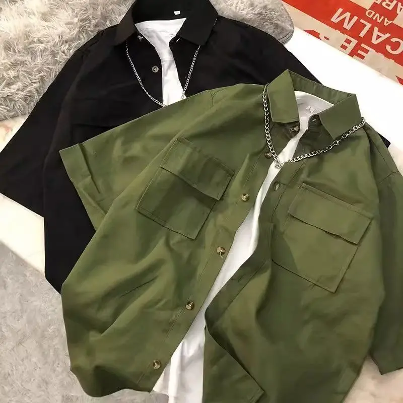 

Casual Loose Men's Short Sleeve Shirt Handsome Street Style Korean Trendy Five Sleeve Thickened Fleece Autumn Winter Jacket