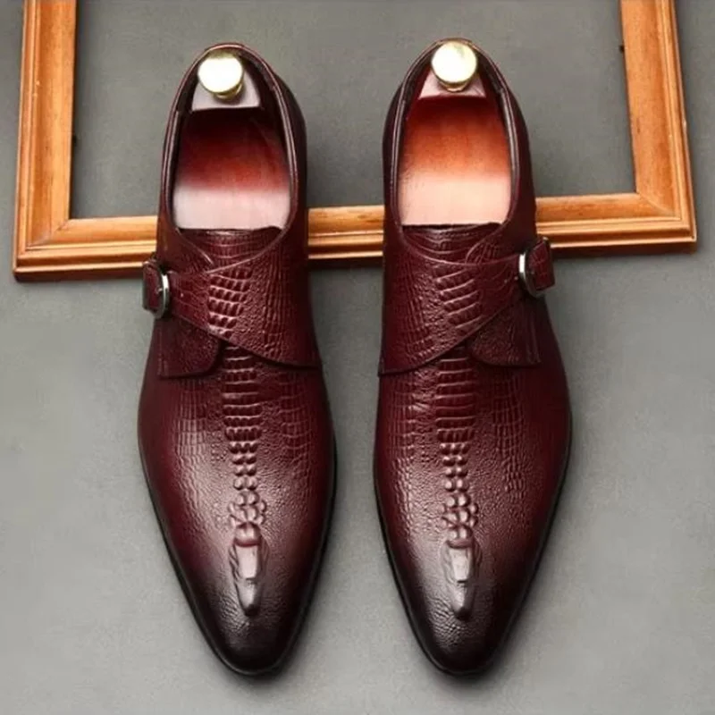 Crocodile Pattern Business Formal Leather Shoes For Men British Style Pointed Toe Loafers Monk Strap Men Wedding Shoes
