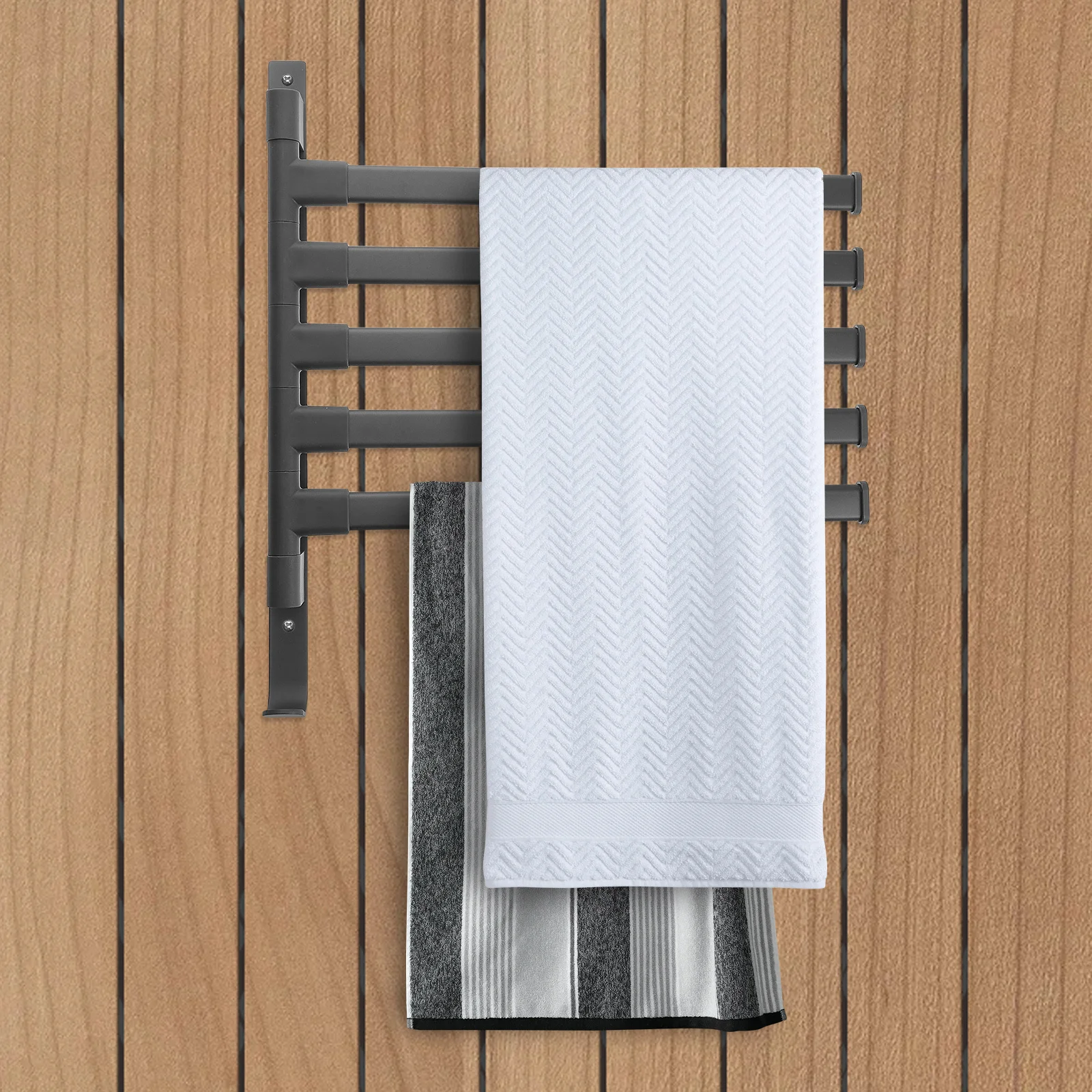 رف منشفة قابل للطي مع 5 قضبان قابلة للتعديل، تصميم دوار، رف تخزين منظم للحمام مثبت على الحائط باللون الرمادي للمحمول