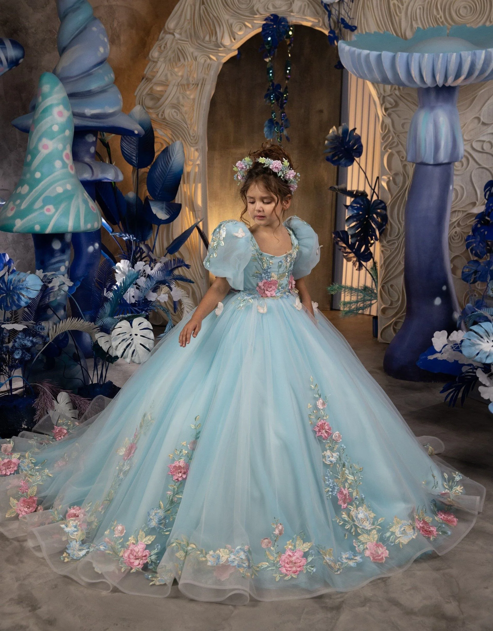 Girls Dress Light Blue Colorful Appliques Wedding Guest Clothes Sweet Puff Sleeve Kids Princess Gown Stage Performance Wear