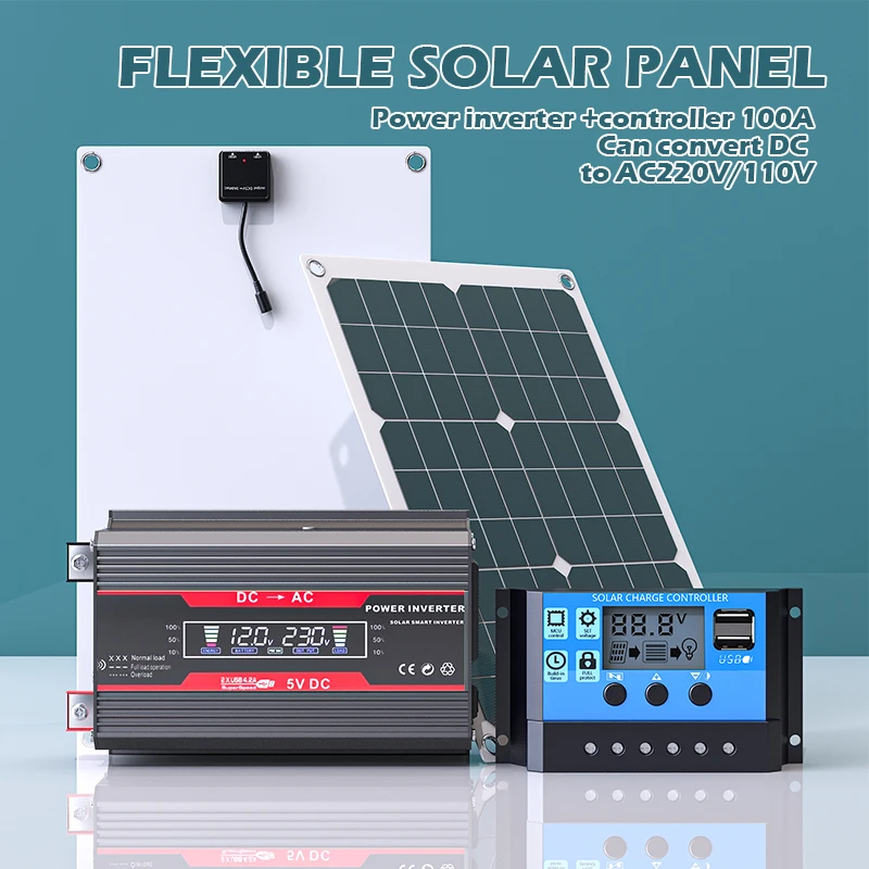Solar Panel Kit With Power Inverter & Solar Charge Controller, DC12V To AC220V Dual USB Off Grid Solar Power System For Home