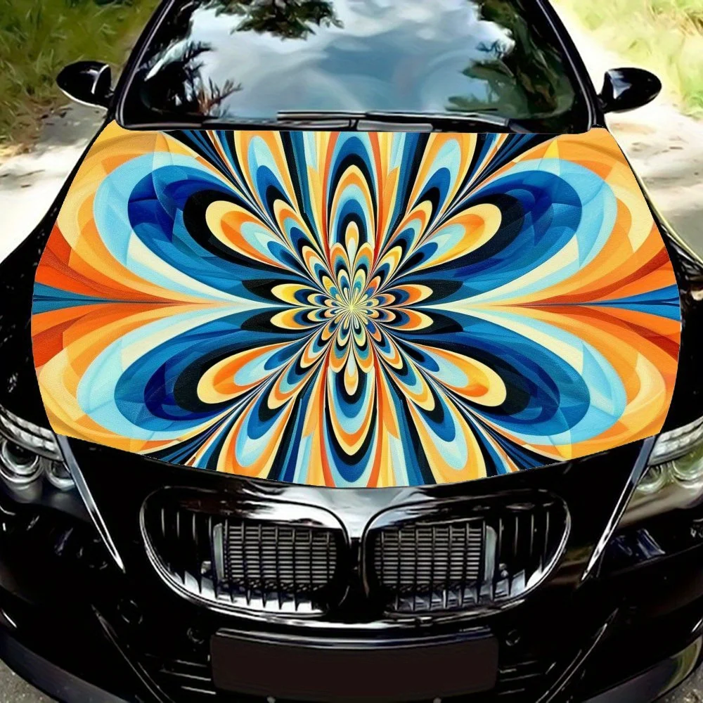 

Наклейка на капот автомобиля с цветочным радиальным узором - креативная монохромная художественная работа, прочная виниловая пленка для большинства автомобилей, ПВХ материал