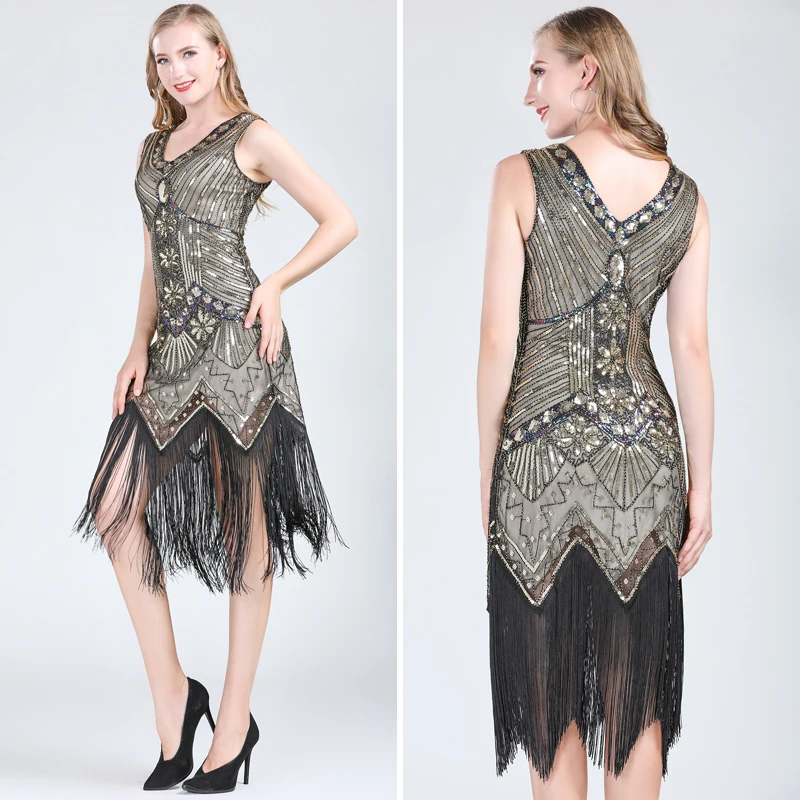 New Lady 1920s Vintage Great Gatsby Dress V-Neck Sleeveless Beaded Sequin Tassel Dress Art Deco Flapper Evening Dress for Party