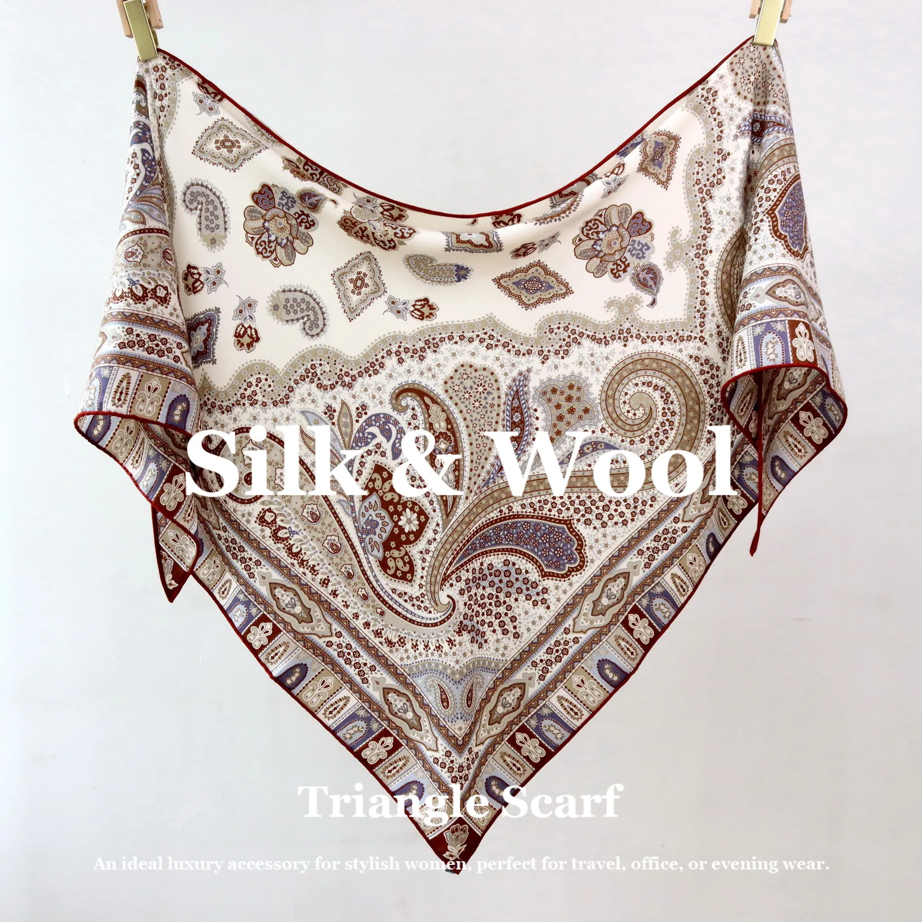 

Новый универсальный винтажный шелково-шерстяной треугольный платок-шарф 190 см для женщин, дорожный, с принтом, роскошный, мягкий, пашмина, эшарп, плед