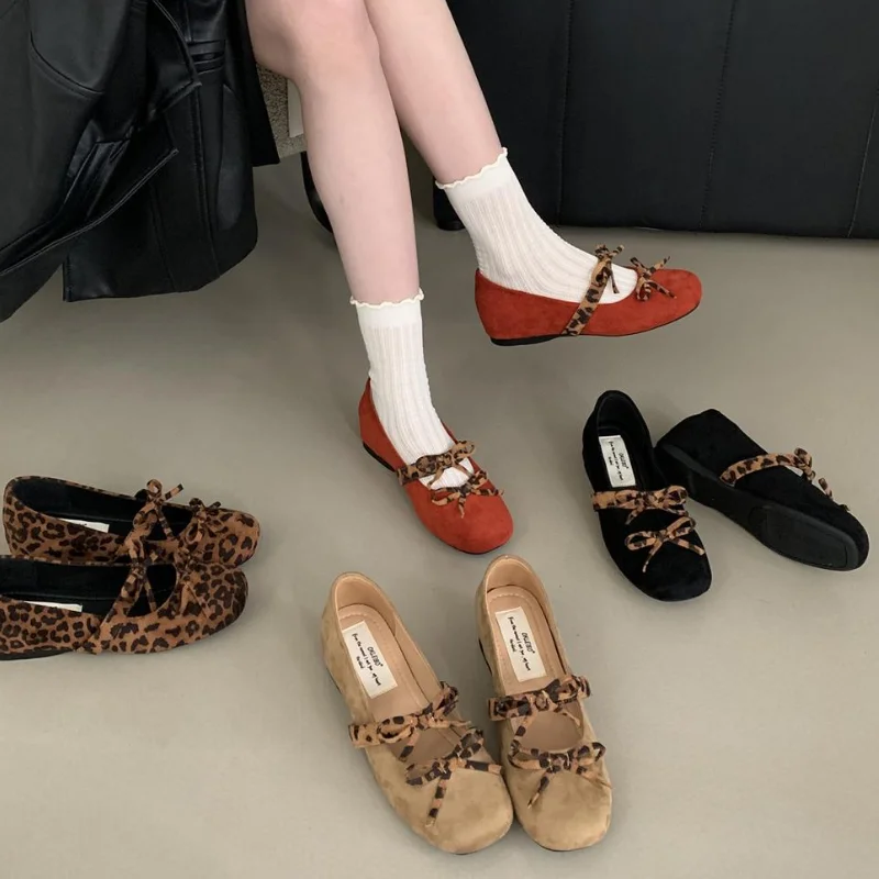 2025 Elegant Leopard Print Women Mary Jane Shoes Round Toe Bow-knot Comfort Internal Elevation Shoes Female Spring Soft Shoes