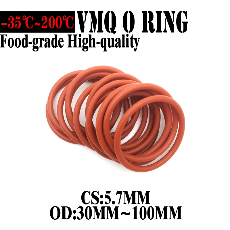 

20pcs VMQ O Ring Seal Gasket Thickness CS 5.7mm OD 30~100mm Silicone Rubber Insulated Waterproof Washer Round Shape Nontoxic Red