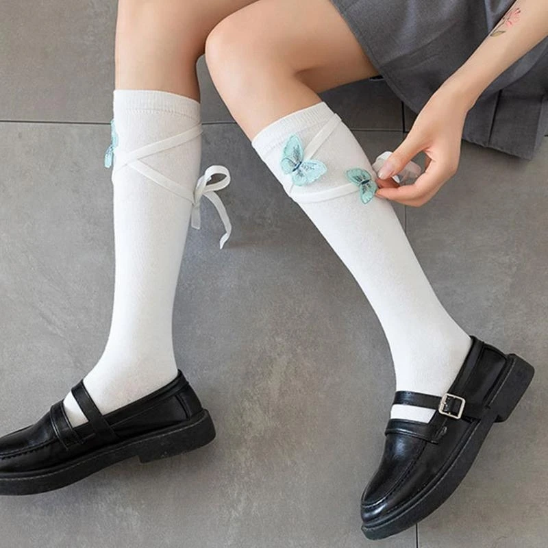 

Women Girls Vintage Cotton Knee High Socks with Lace-Up Bandage Bowknot Japanese Harajuku Fairy Sweet for Butterfly Calf 15UB