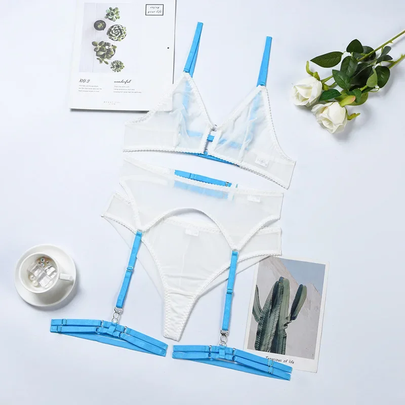 المثيرة انظر من خلال المرقعة شفافة الصدرية سراويل الأربطة مجموعات مثير الملابس الداخلية للنساء رقيقة تنفس مثير العشير