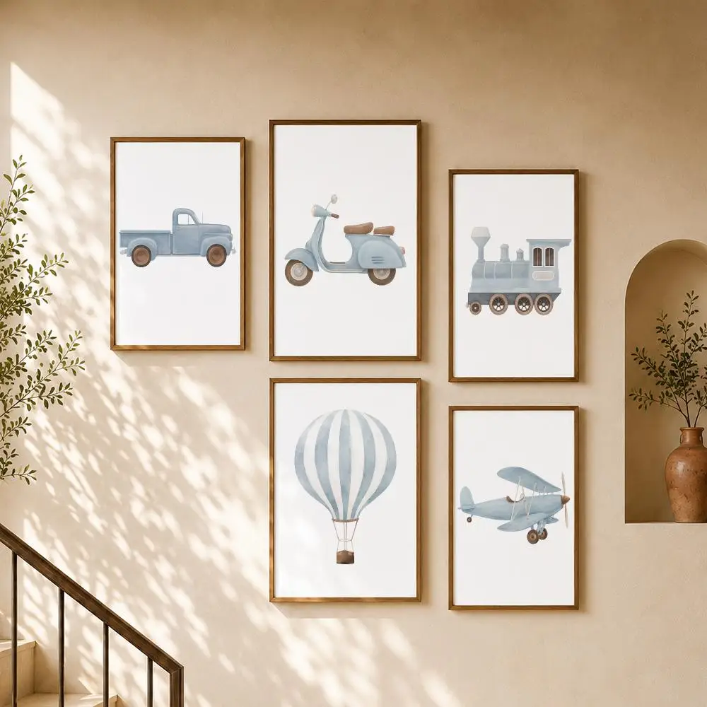Nursery Vintage Vehicles Airplane Train Balloon Car Sailboat Poster Home Room Bar Cafe Club Decor Aesthetic Art Wall Painting