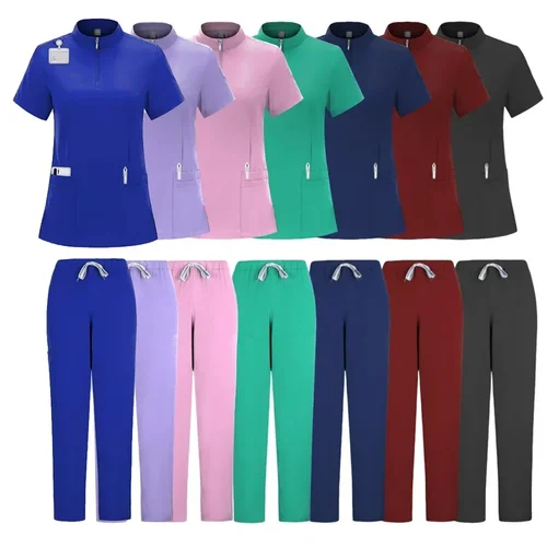 Imagen 2 del producto Gran oferta, Tops, pantalones rectos, clínica de mascotas, uniformes de enfermería, conjuntos de uniformes médicos elásticos de 12 colores para mujer, conjunto de batas de verano