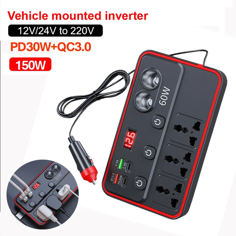 Car Power Converter 150W Cigar Lighter Splitter 12V-24V To AC 110V-220V Inverter,PD30W+QC3.0 Type C Output Fast Charger Adapter