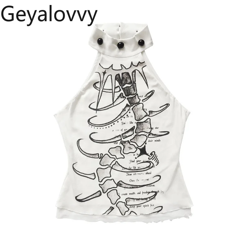 

Y2k женские топы в стиле панк, летние оригинальные дизайнерские топы с принтом субкультуры, облегающие белые утягивающие майки с бретелькой на шее для женщин