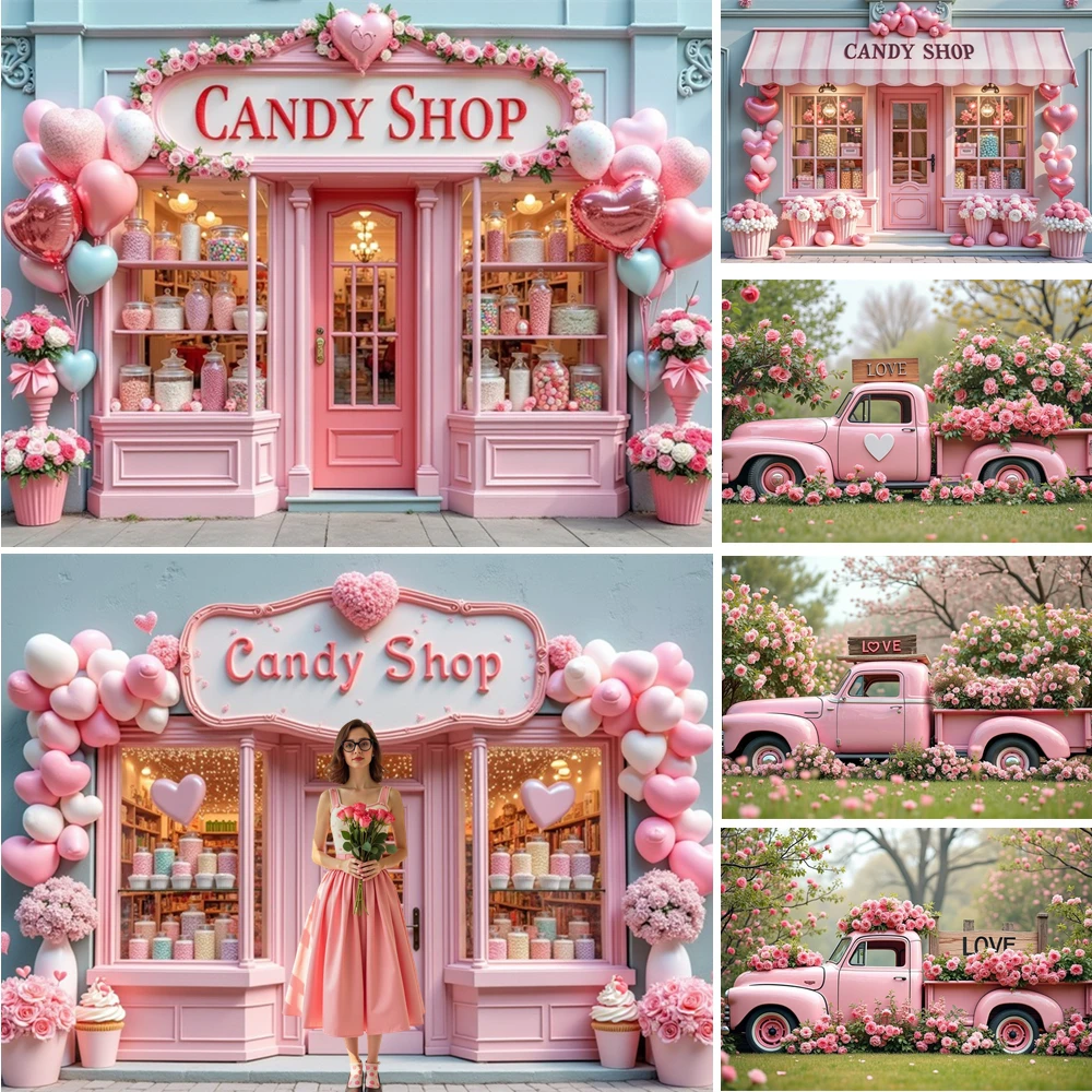 

MOON.QG Whimsical Valentine's Day Vintage Trucks February 14 Background Pink Rose Candy Shop Backdrops Photography Photobooth