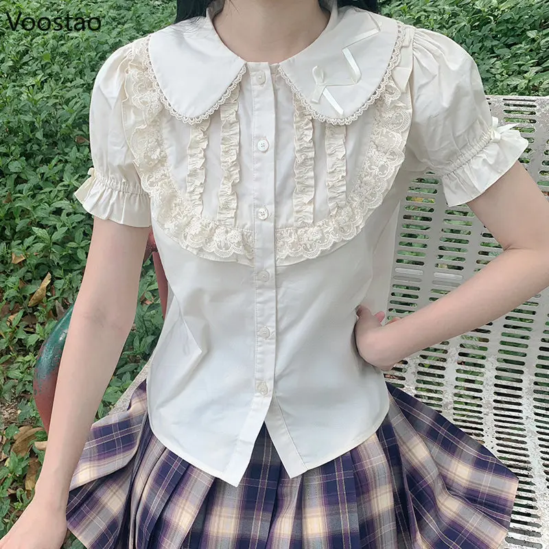 Japanese Sweet Lolita Blouse Girls Cute Bow Lace Rabbit Ear Peter Pan Collar Loose JK Shirt Women Summer Puff Sleeve Inside Tops