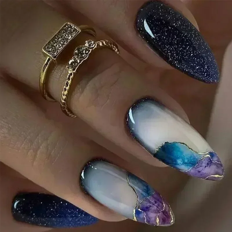 24Pcs Short Almond False Nails Press on Colourful Halo dyeing Wearable Blue Starry Sky French Fake Nails Set Manicure Nail Art