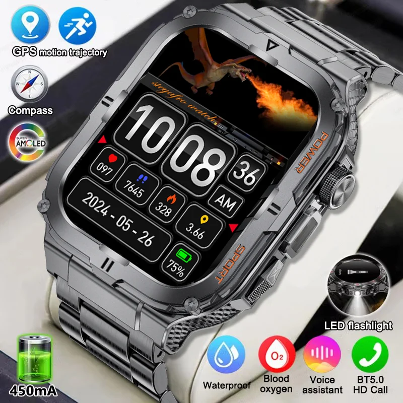 2024 New durable men's fitness outdoor sports smartwatch LED flashlight IP68 waterproof men's smartwatch for Huawei Xiaomi