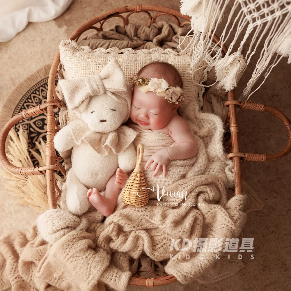 Kit di oggetti di scena per fotografia neonatale marrone rilassante, fascia per cuscino avvolgente elasticizzato, bambola per orsacchiotto, studio per decorazioni per scene fotografiche per bambini