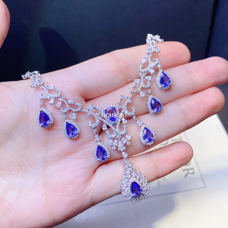 Gemicro Natural Tanzanite Necklace for Women Luxury Fine Jewelry 925 Sterling Silver Wedding Engagement Birthday Gemstone Gift