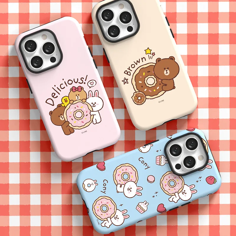 LINE FRIENDS-funda de teléfono de doble capa con dibujos animados para IPhone, carcasa brillante con dibujo de oso marrón para IPhone 16, 15, 14, 13, 12, 11 Pro Max, XS, XR