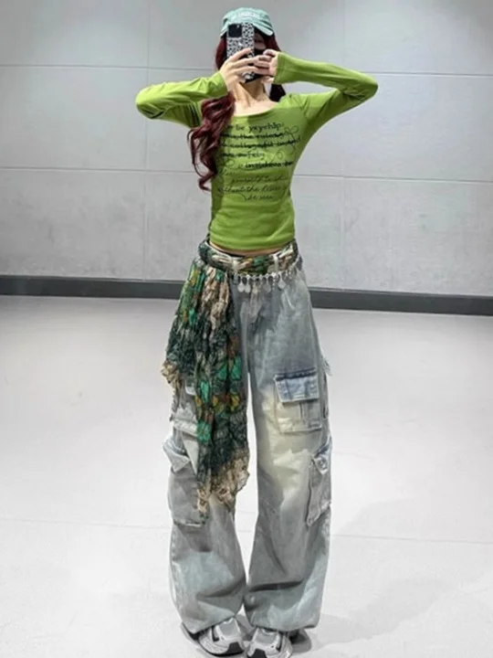 High Waist Wide Leg Vintage Washed American Style Workwear Jeans Loose Fitting Women's Design Slimming Straight Cut Pants