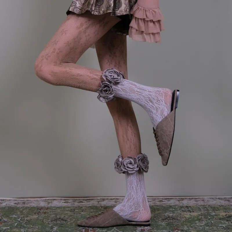 Nude Floral Jacquard Mesh Tights, French Gentle Rose Pattern Pantyhose,Vintage Aesthetic Matching Light Grey Rose Knit Socks Set
