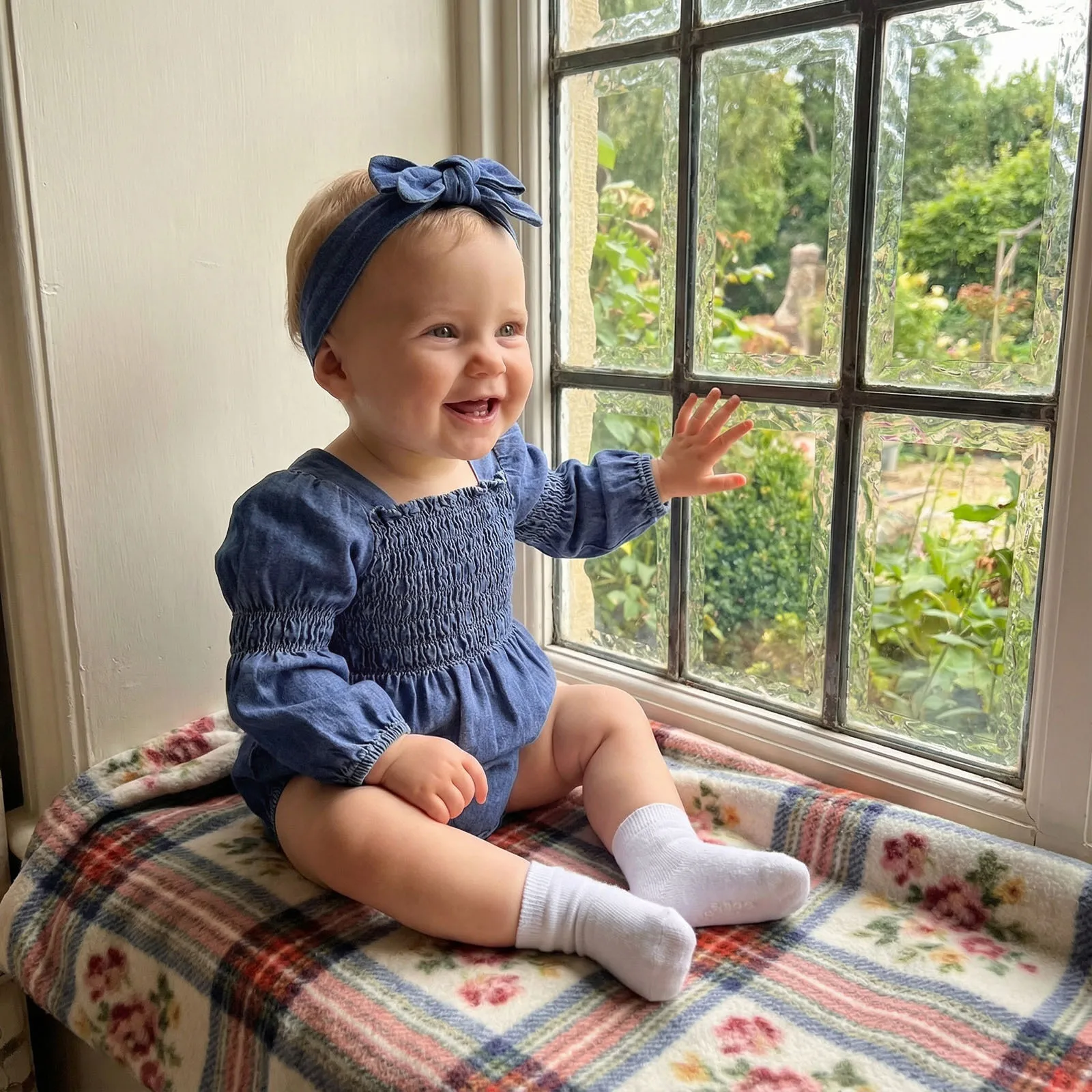 Baby Girl Spring Outfits Casual Solid Color Smocked Long Sleeve Denim Romper and Bow Headband 2 Pcs Set