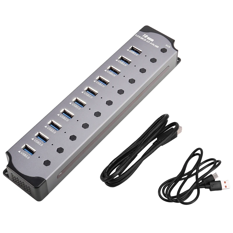 

New-10 In 1 Powered USB HUB 10 Ports USB Adapter USB Splitter USB 3.0 Interface Individual Switch RGB E-Marker Heat Design