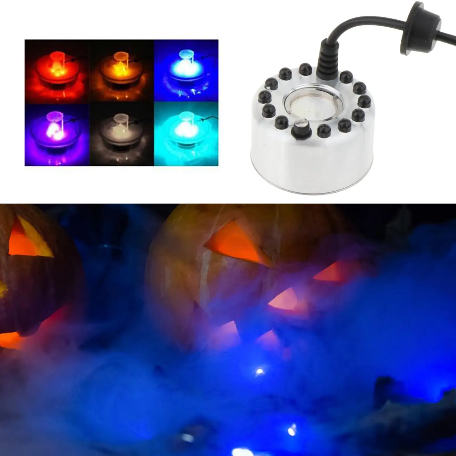 12 Colorful Lights Halloween Mist Maker Fogger Atomizer Mist Fountain Pond Fogger Machine for Halloween Party Decor ornament