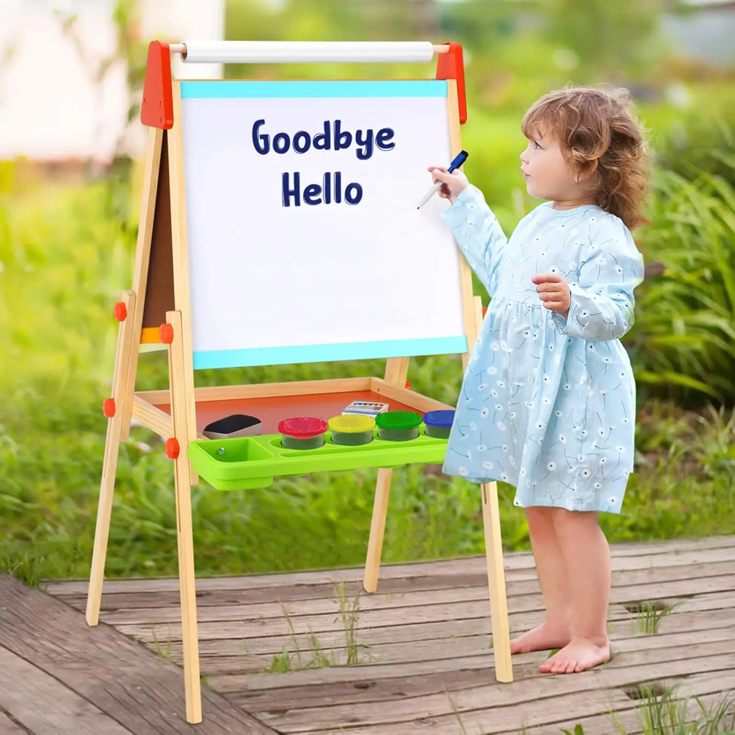 Wooden Easel for Kids - Adjustable Height Stand with Magnetic Whiteboard, Chalkboard, Paper Roll, Magnets, Drawing and Painting