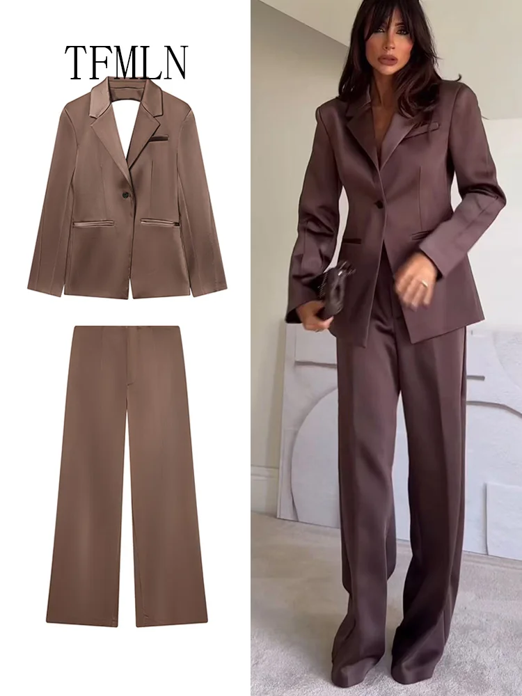 TFMLN 2026 ربيع المرأة عارية الذراعين السترة بانت الدعاوى موضة محززة زر واحد معاطف عادية مستقيم طويل بانت مكتب وتتسابق #1