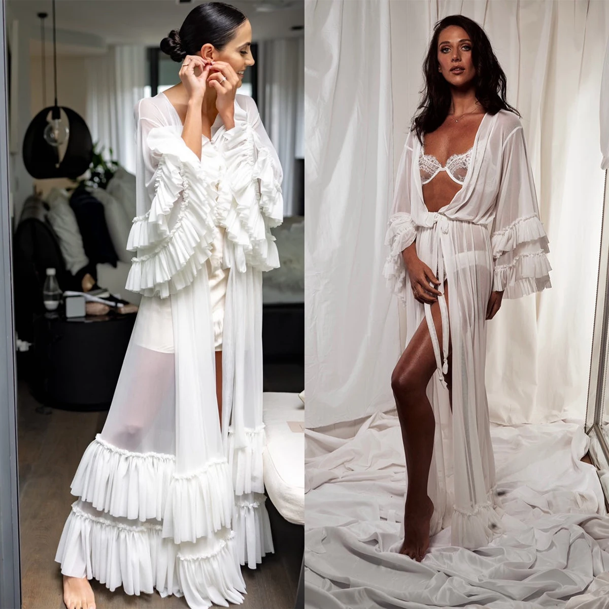 

Sexy Bridal Robe Dresses For Women Chiffon Pleated Wedding Gown Dresses Customized Plus Size Bathrobes