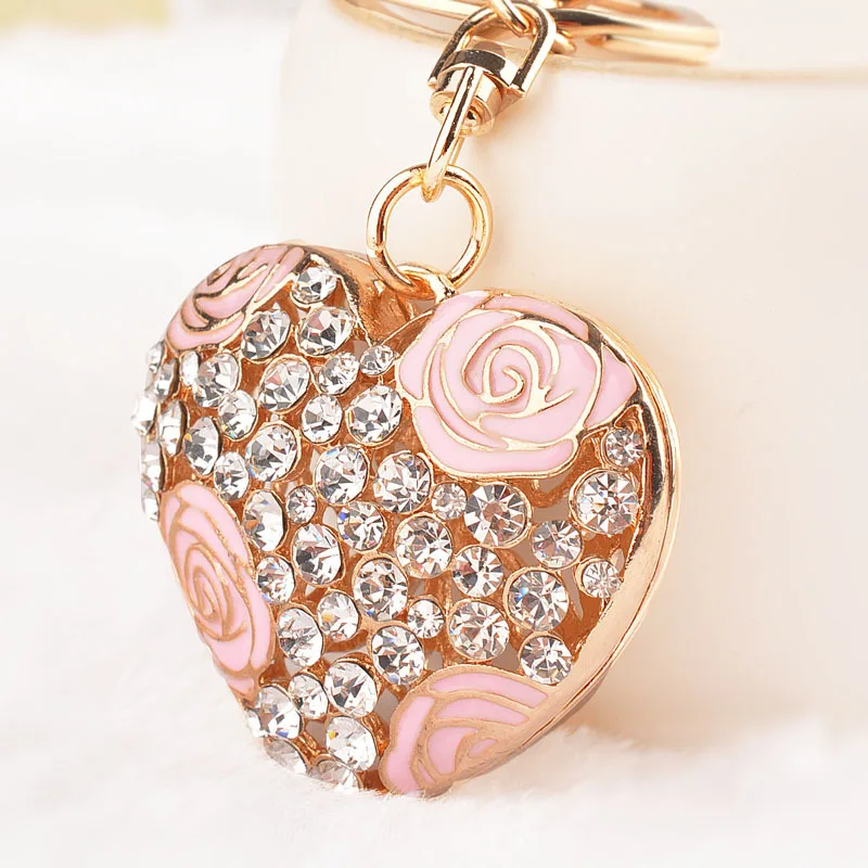 Heart Shape Rose Keychain Valentine Gift Rhinestone Crystal Keyring Car Key Chain Women Men Bag Pendant Hanging Decoration