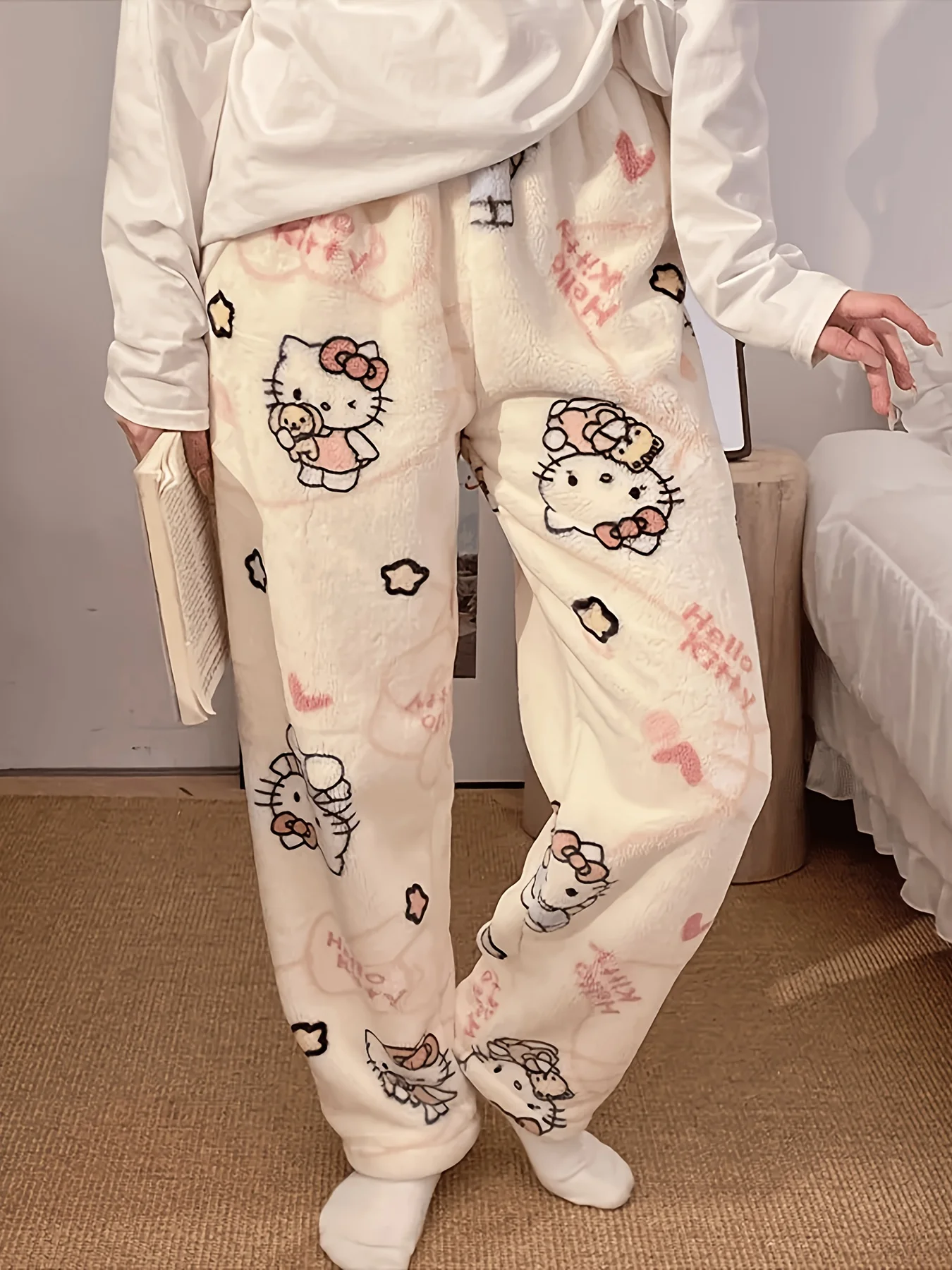 

Sanrio Hello Kitty Flannel Sleep Pants, Apricot Warm Fleece Pants - Winter Stay-at-Home Essentials!