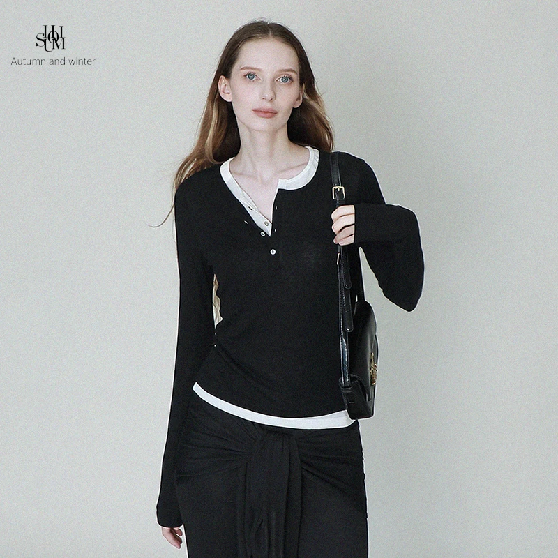 

Slim Fit American Sle Long Sve T-irt Women's Wool Henry Collar Top Lyocell Wool Blend Winter ential Casual Wear