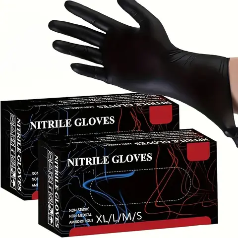 Boîte de 50 gants en nitrile noirs épais jetables sans poudre pour le nettoyage, la coiffure, la cuisine domestique, la cuisson et le tatouage