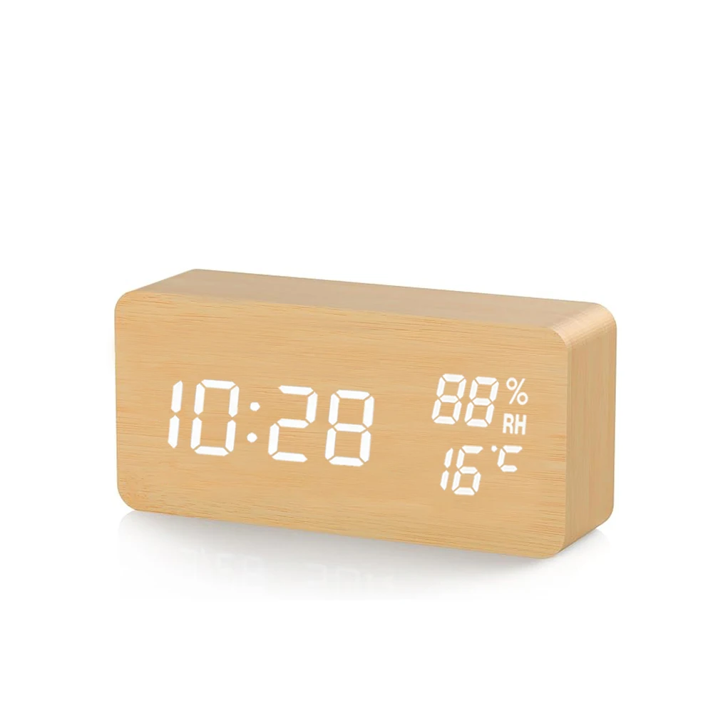Wooden Digital Alarm Clock with Temperature Humidity LED Desk Clock for Office Bedroom Wooden Electric Clock Bedside Décor Gift
