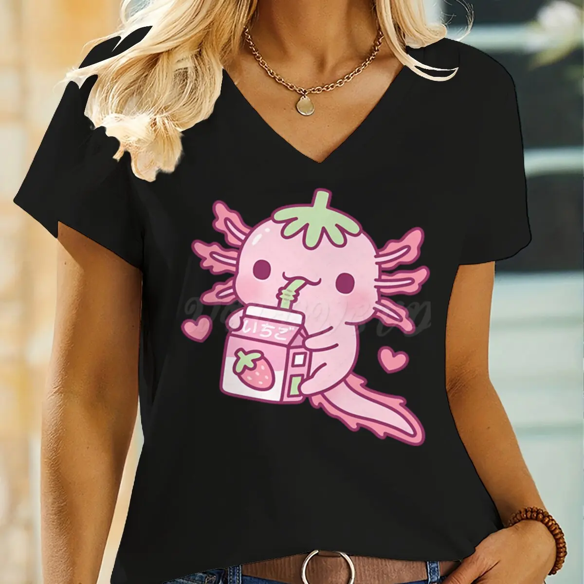 Axolotl Cartoon Kawaii T-shirt Design Axolotl Is Drinking Strawberry Milk Tee Top Women V-neck Shirt Gift for Cute Animal Lovers