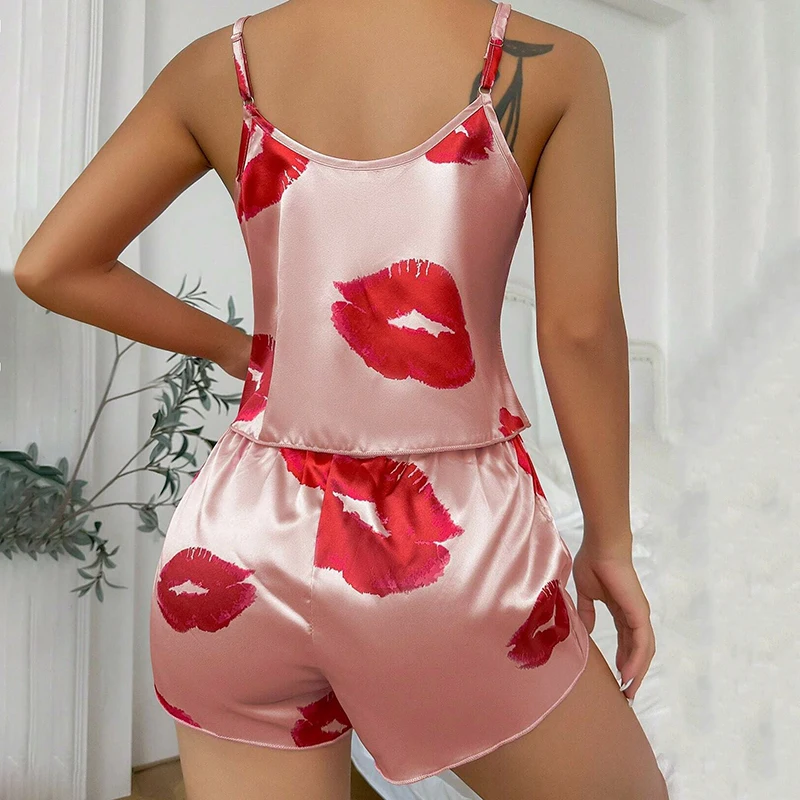 Women\'s Cute Heart Print Satin Pajama Set - V Neck Cami Top and Elastic Shorts for Comfortable Sleep and Lounging Homewear