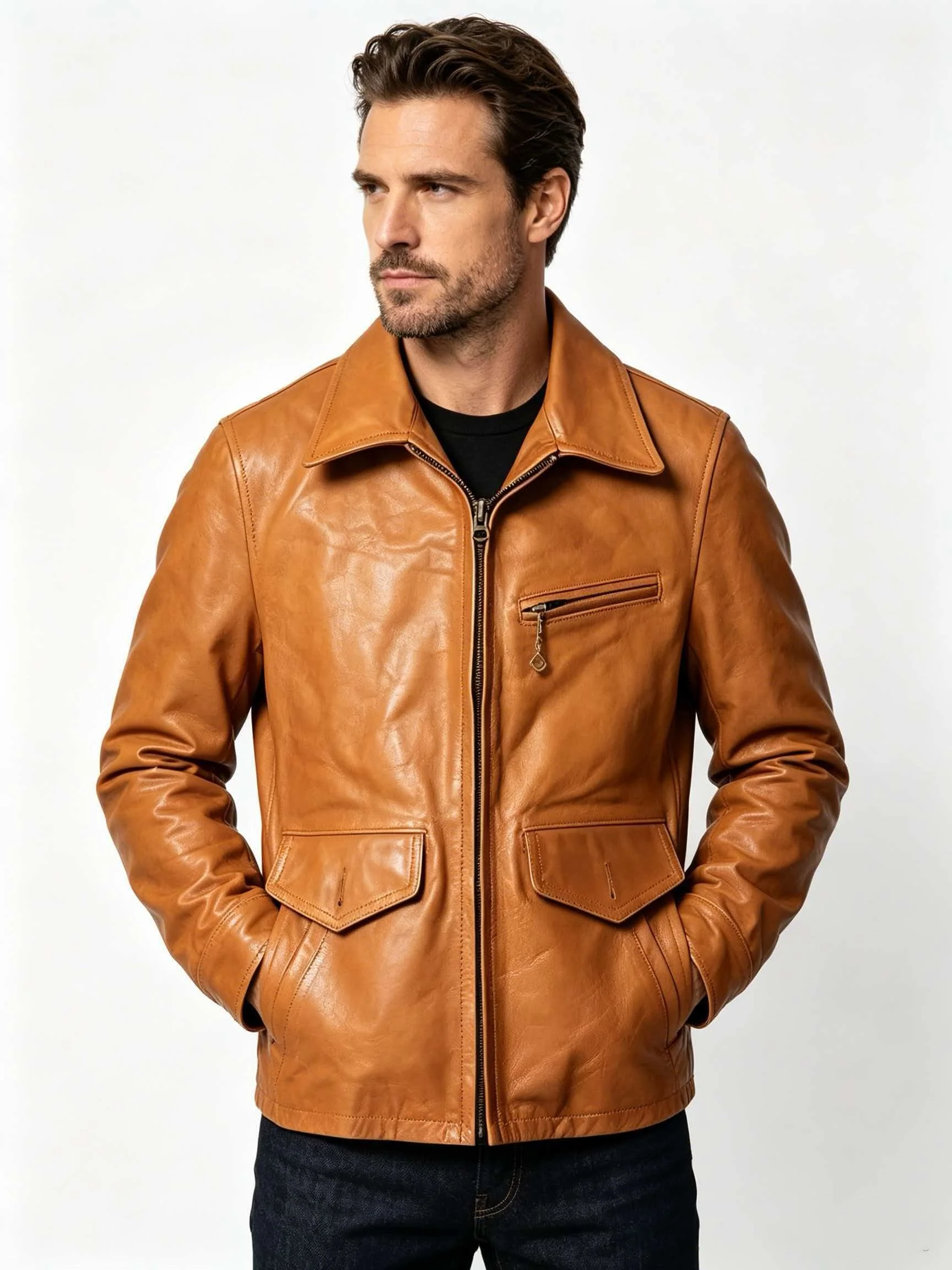 Orange Autumn Leather Jacket Men Retro Style Plus Size 4XL Genuine Natural Cowhide Turn-Down Collar Smart Casual Coat