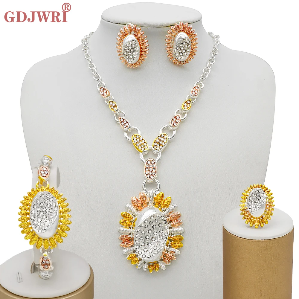 

Dubai Gold Color Jewelry Set Nigerian African Crystal Necklace Earrings Bracelet Ring Sets Ethiopian Bridal Jewellery Party Gift