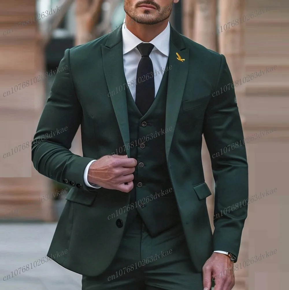 

New Dark Green Business Men Suit Groom Groomsman Wedding Party Prom Male Formal Occasion Tuxedos 3 Piece Set Blazer Vest Pants
