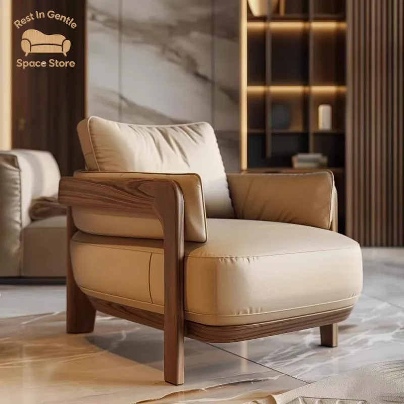 New Chinese-style North American black walnut solid wood single leather sofa chair 2025 new living room leisure
