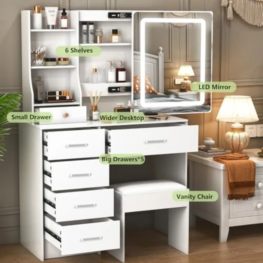 مكتب زينة ممتاز مع مرآة وأضواء LED، مكياج أبيض مع 6 أدراج، 6 أرفف، 1 كرسي LED، 3 أوضاع قابلة للتعديل
