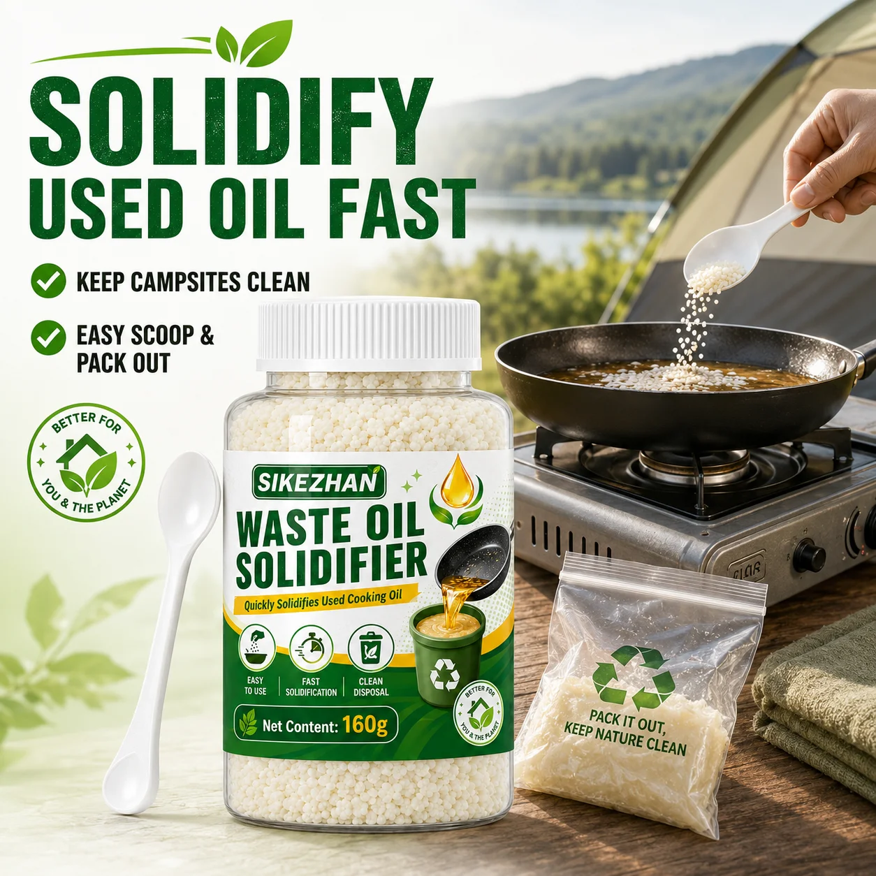 Umweltfreundliches Speiseöl-Festigungs-Pulver für Outdoor-Camping, Wohnmobil, Picknick, Schneller Härter, Einfache und Sichere Entsorgung, Küchenwerkzeug 160g