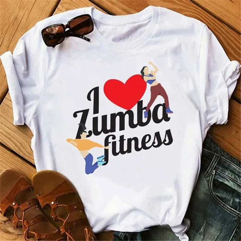 2024 Foreign Trade Zunba Dance Round Neck Printed T-shirt Women's Clothing Laughable Graphic Printing T-shirt Crew Neck