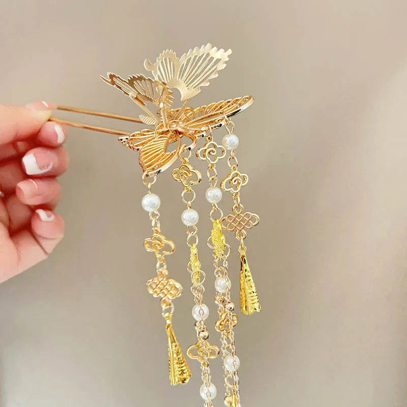 

Динамическая заколка-бабочка, аксессуар для волос с длинной кисточкой в древнем стиле, женская высококачественная ступенчатая заколка, головной убор Hanfu