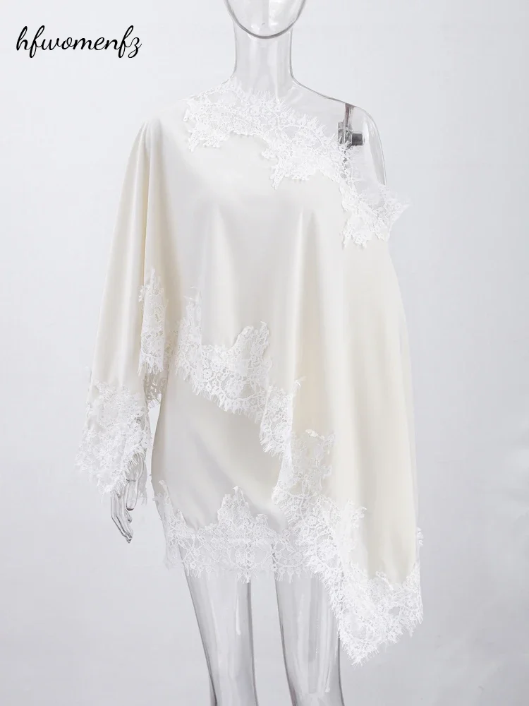 Elegant Women's 2 Piece Skirts Set Off‑Shoulder Lace Satin Long Flare Sleeve Blouse Tops Mini Skirt Summer Party Matching Outfit view 3
