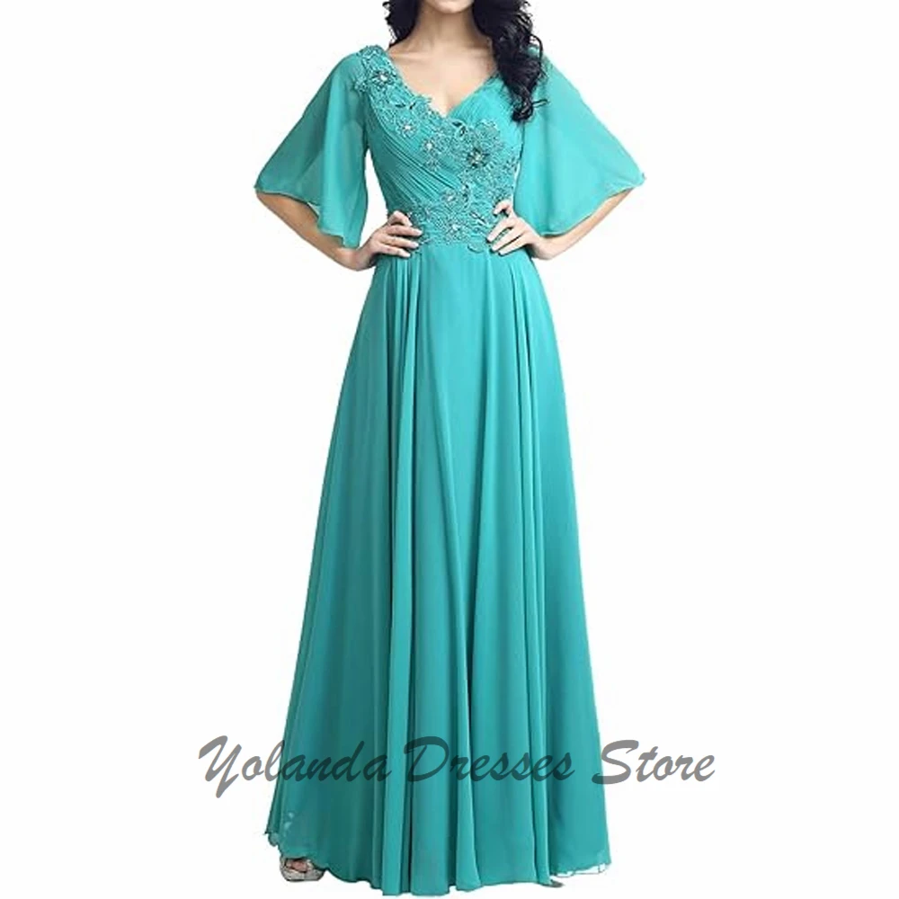 

Customized V Neck Mother of The Bride Dresses Applique Lace Formal Evening Gown Half Sleeves Wedding Guest Dress Zipper Back
